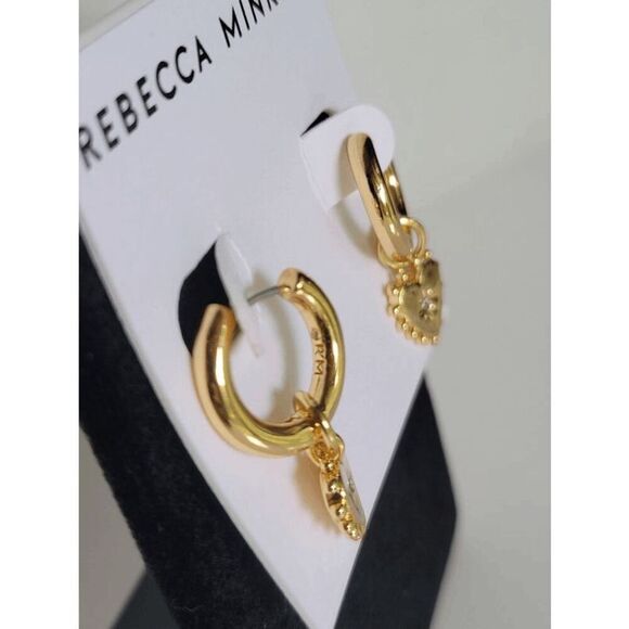 ❤️✨ REBECCA MINKOFF Gold Metal Studded Heart Huggie Hoop Earrings NEW WITH TAGS - Picture 16 of 16